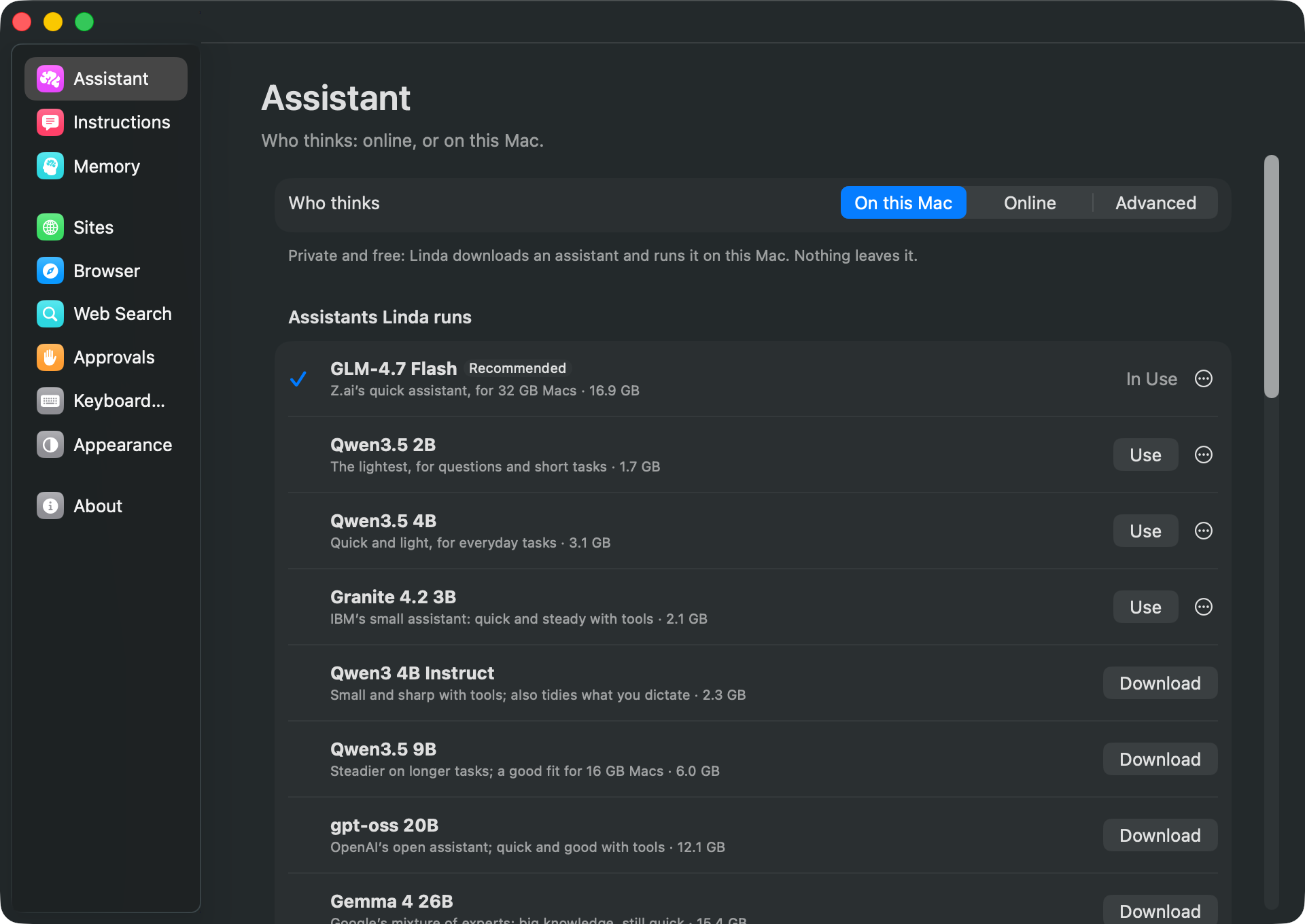 Settings › Assistant: the assistants Linda runs on this Mac, the recommended one first