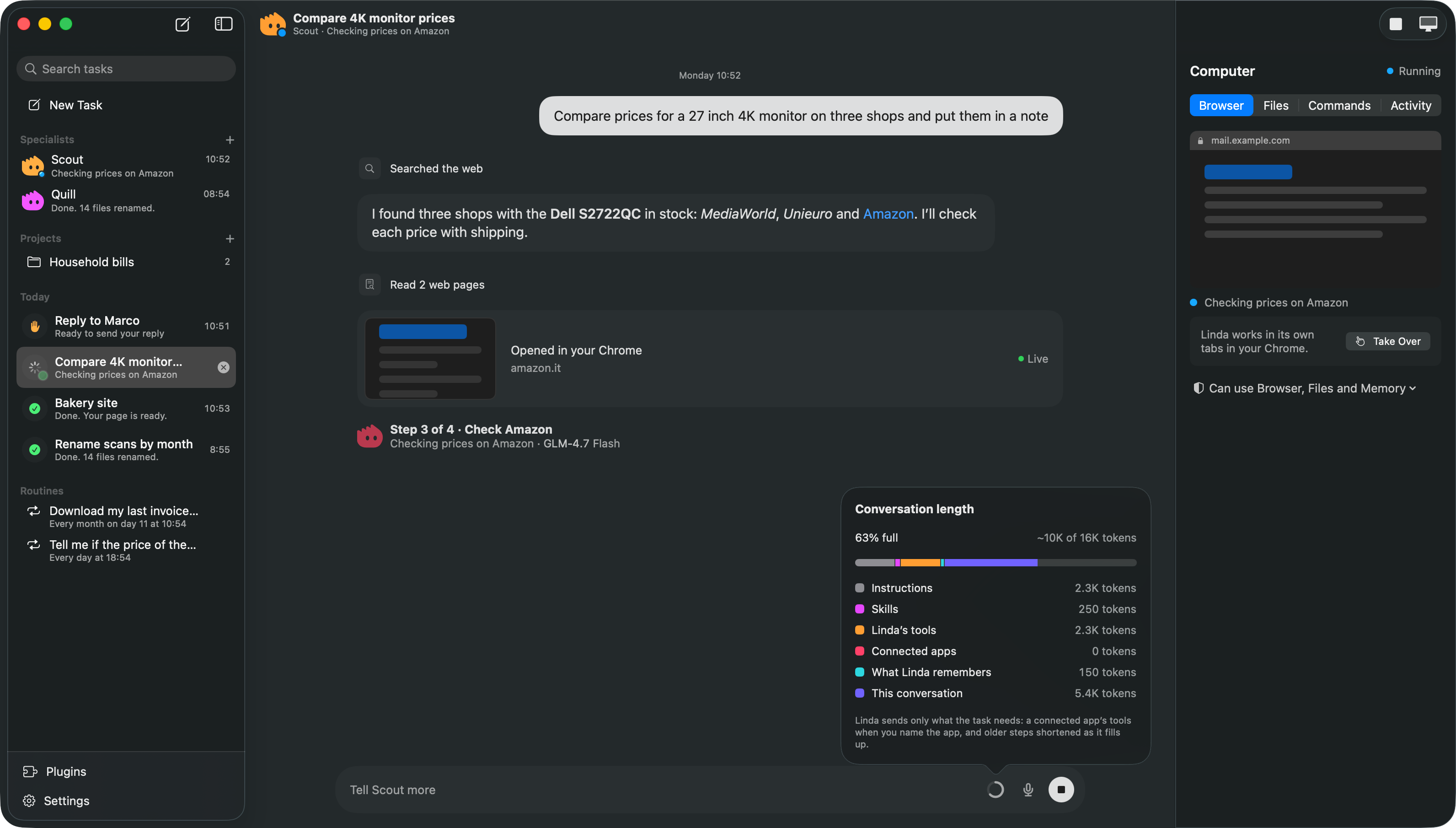 The conversation ring opened: 63% full, about 10K of 16K tokens, by part