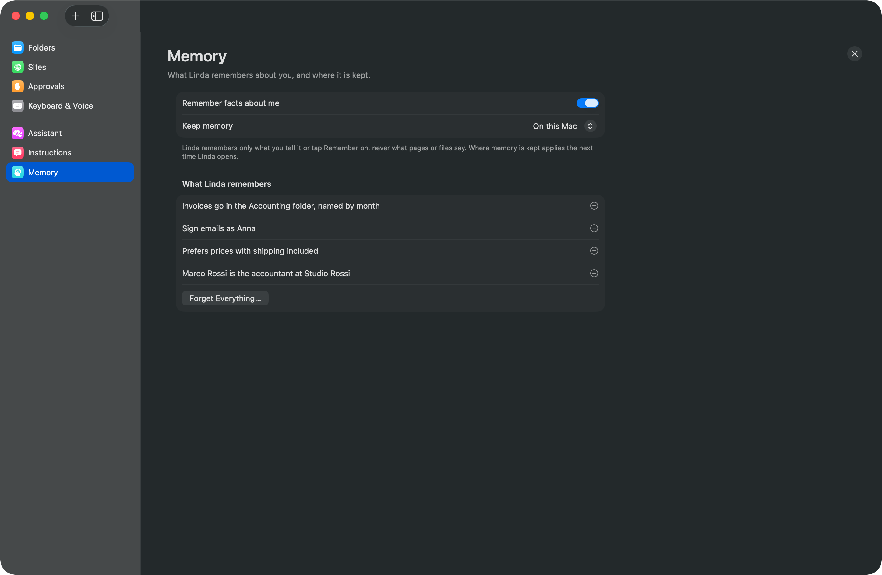 Memory settings listing what Linda remembers